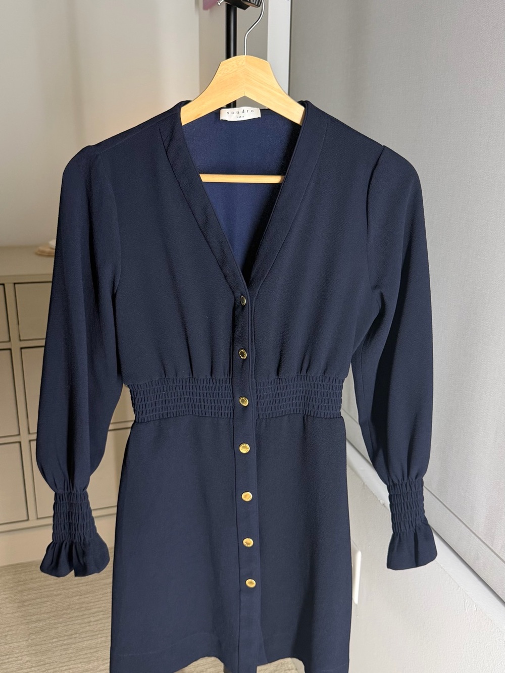 SANDRO Women's Navy Button-Front V-Neck Dress